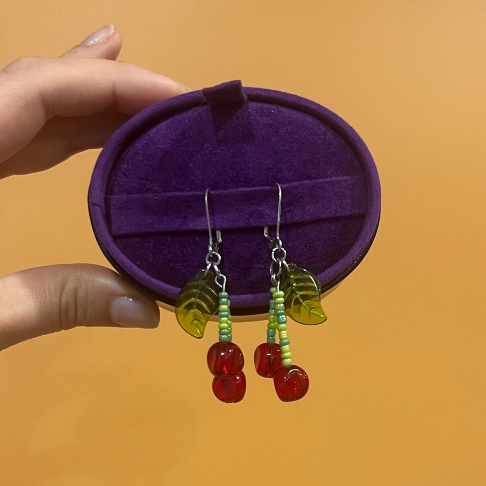 Original Handmade Beaded Cherry Earrings by New York Artist